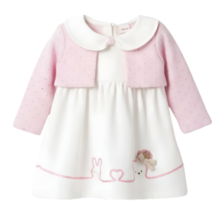 Baby Girls Cotton Party Dress with Bow Detail – Soft Pink and White Elegant Wear